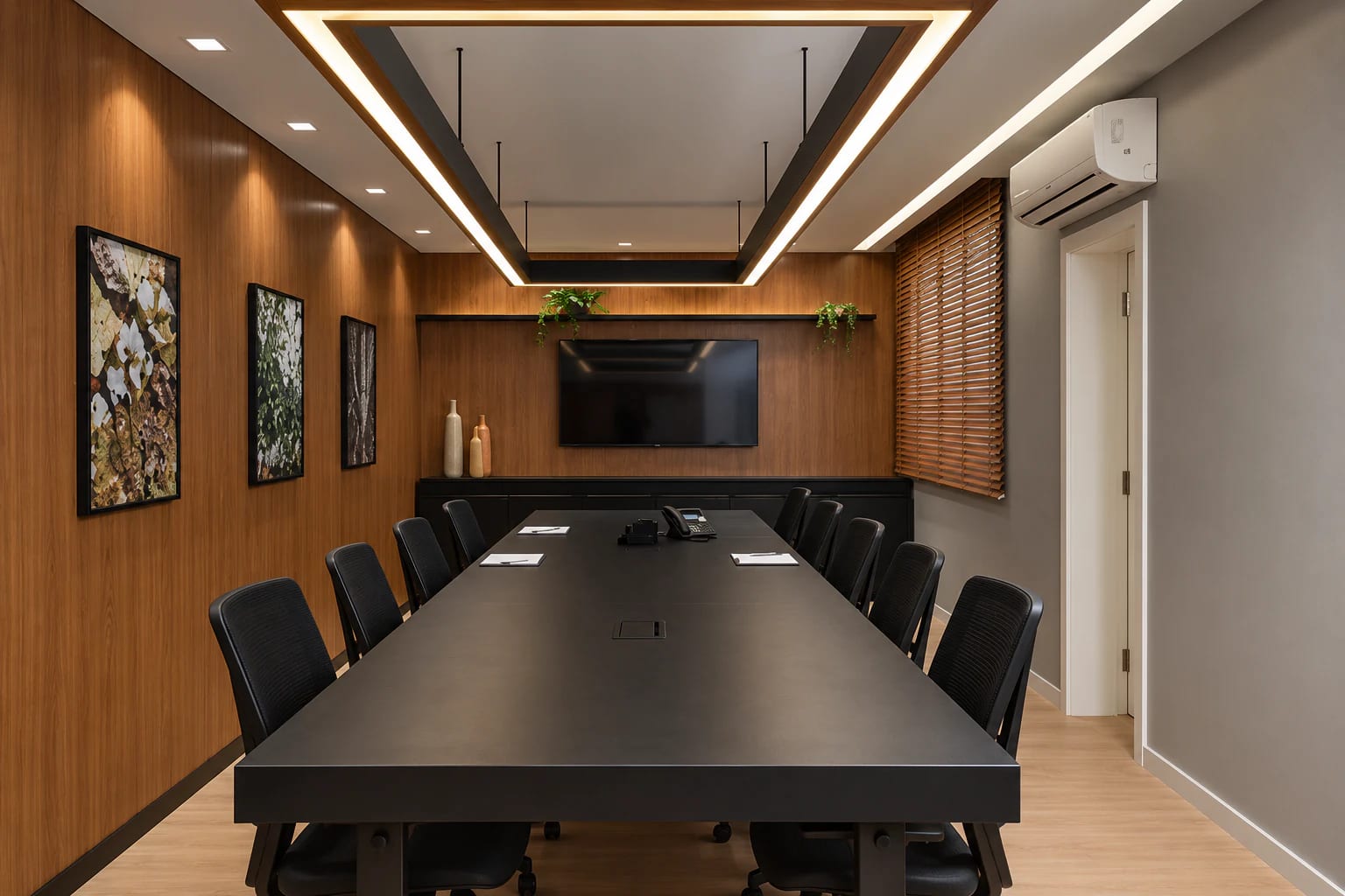 Sala de reuniões da sede em Itabuna, com mesa para dez lugares e painel de madeira.